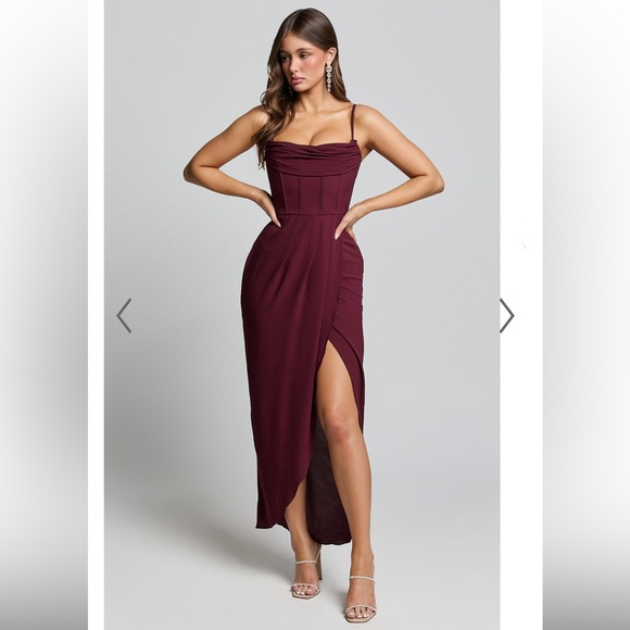 Showpo - ANDRINA MIDI DRESS - HIGH LOW WRAP CORSET DRESS IN WINE - Picture 1 of 2